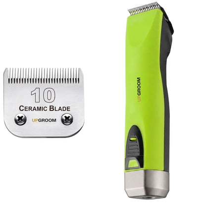 Máquina de Tosa Ultra A5 UpGroom Verde com lâmina de cerâmica Nº10, outro ângulo do kit