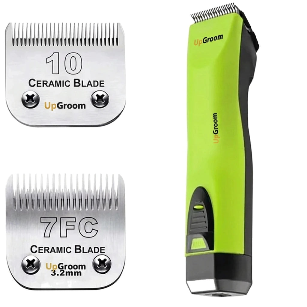 Máquina de Tosa Ultra A5 UpGroom Verde com lâminas de cerâmica Nº10 e Nº7FC, outro ângulo do kit