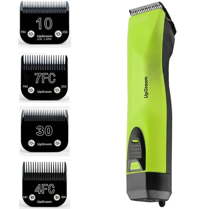 Máquina de Tosa Ultra A5 UpGroom Verde com 4 lâminas de titânio, outro ângulo do kit