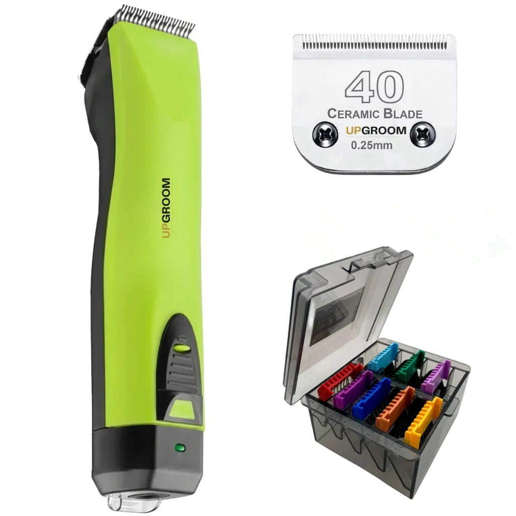 Máquina de Tosa Ultra A5 UpGroom Verde com estojo de pentes adaptadores, outro ângulo do kit