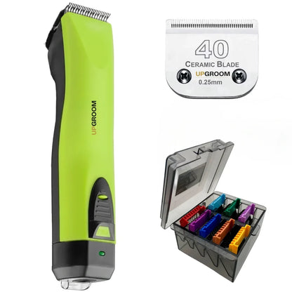 Máquina de Tosa Ultra A5 UpGroom Verde com estojo de pentes adaptadores, outro ângulo do kit