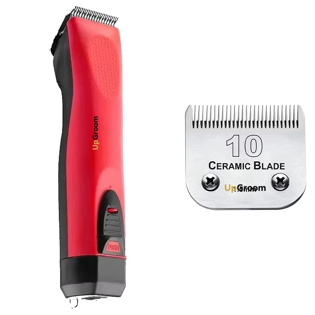 Kit Máquina de Tosa Ultra A5 UpGroom Vermelha com 1 lâmina de cerâmica exibida ao lado da máquina