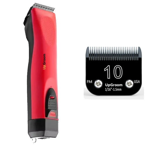 Kit Máquina de Tosa Ultra A5 UpGroom Vermelha com 1 lâmina de titânio exibida ao lado da máquina