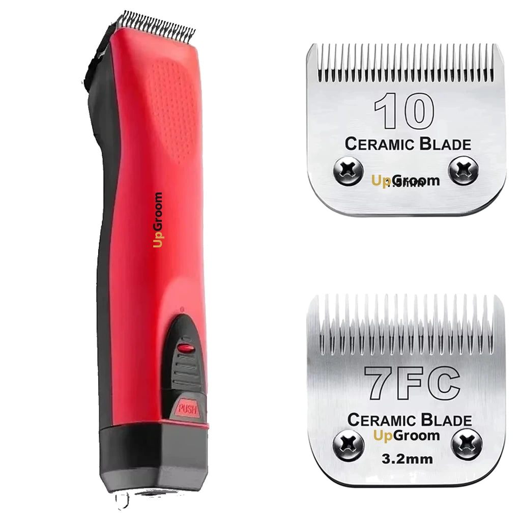 Kit Máquina de Tosa Ultra A5 UpGroom Vermelha com 2 lâminas de cerâmica exibidas ao lado da máquina