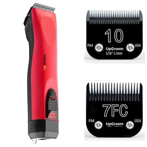 Kit Máquina de Tosa Ultra A5 UpGroom Vermelha com 2 lâminas de titânio exibidas ao lado da máquina