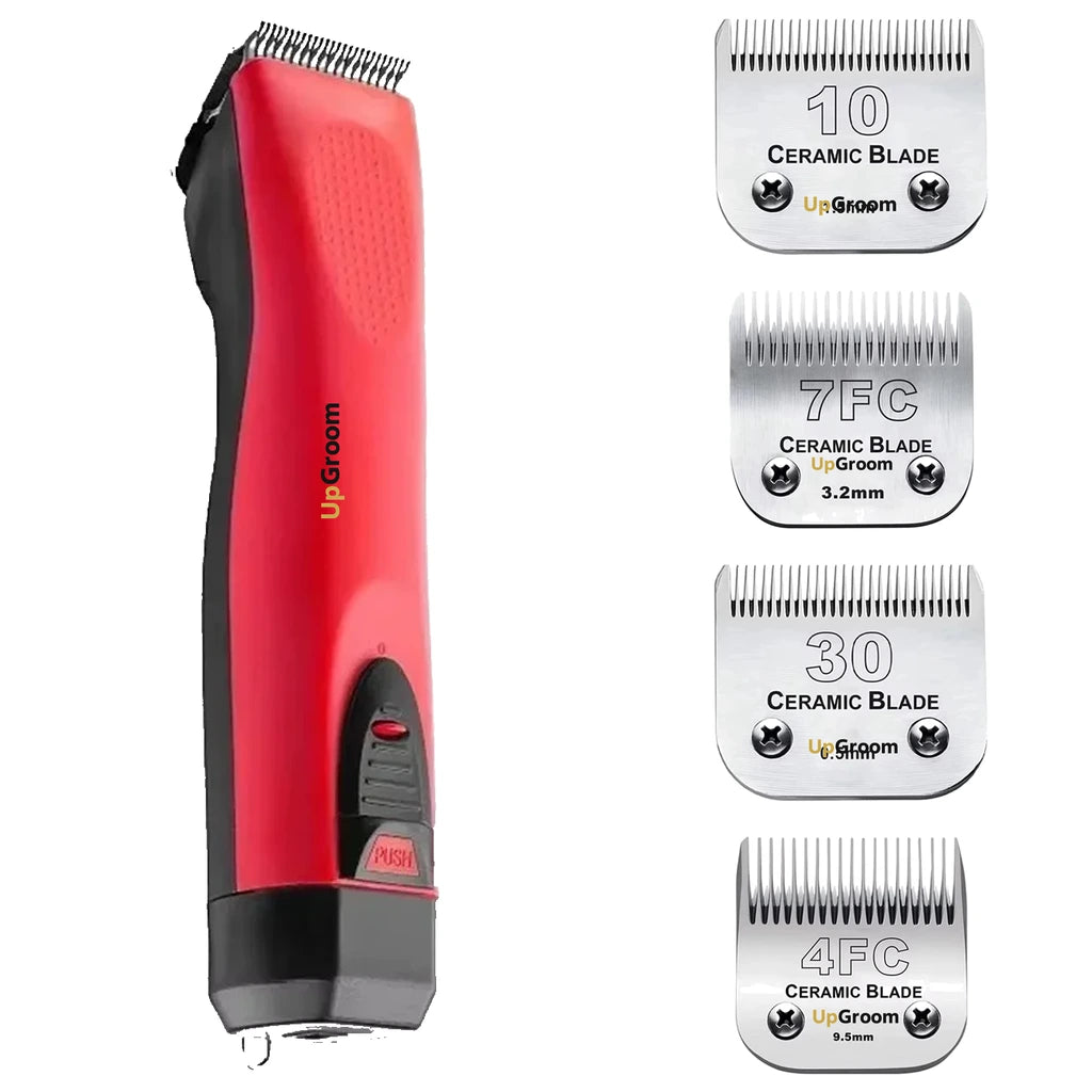 Kit Máquina de Tosa Ultra A5 UpGroom Vermelha com 4 lâminas de cerâmica exibidas ao lado da máquina