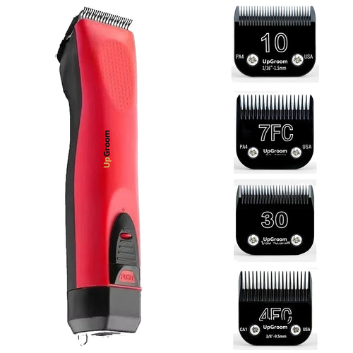 Kit Máquina de Tosa Ultra A5 UpGroom Vermelha com 4 lâminas de titânio exibidas ao lado da máquina
