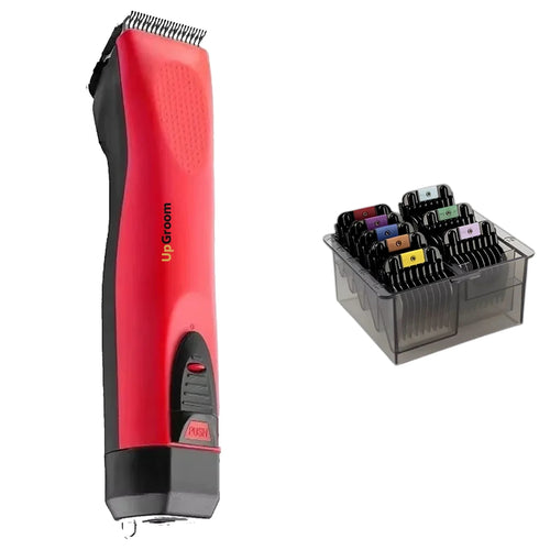Kit Máquina de Tosa Ultra A5 UpGroom Vermelha com estojo de 8 pentes adaptadores exibido ao lado da máquina