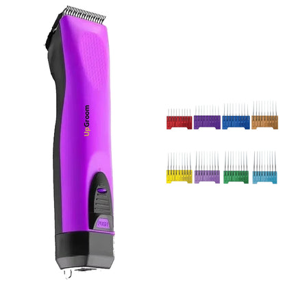 Kit Máquina de Tosa Ultra A5 UpGroom Roxa com lâmina Nº40 e estojo de 8 pentes adaptadores