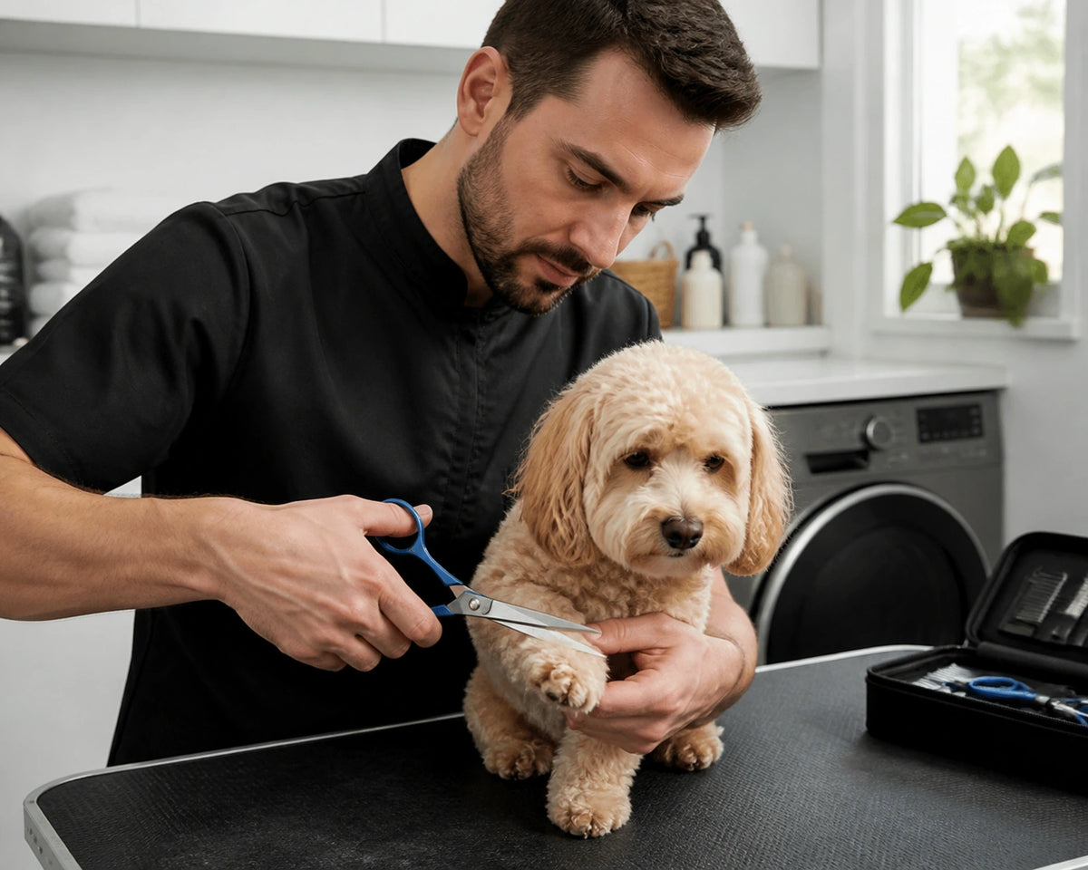Tosador usando tesouras UpGroom em atendimento de banho e tosa a domicílio