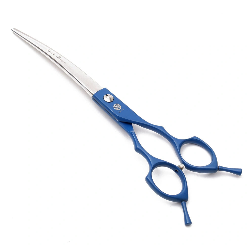 Tesoura reta azul UpGroom vista alternativa para corte de acabamento em banho e tosa profissional