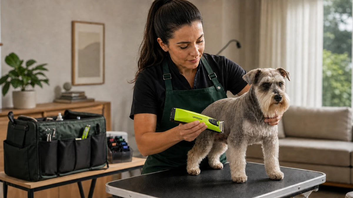 Groomer utilizando a Máquina de Tosa Ultra A5 UpGroom Verde durante atendimento a domicílio