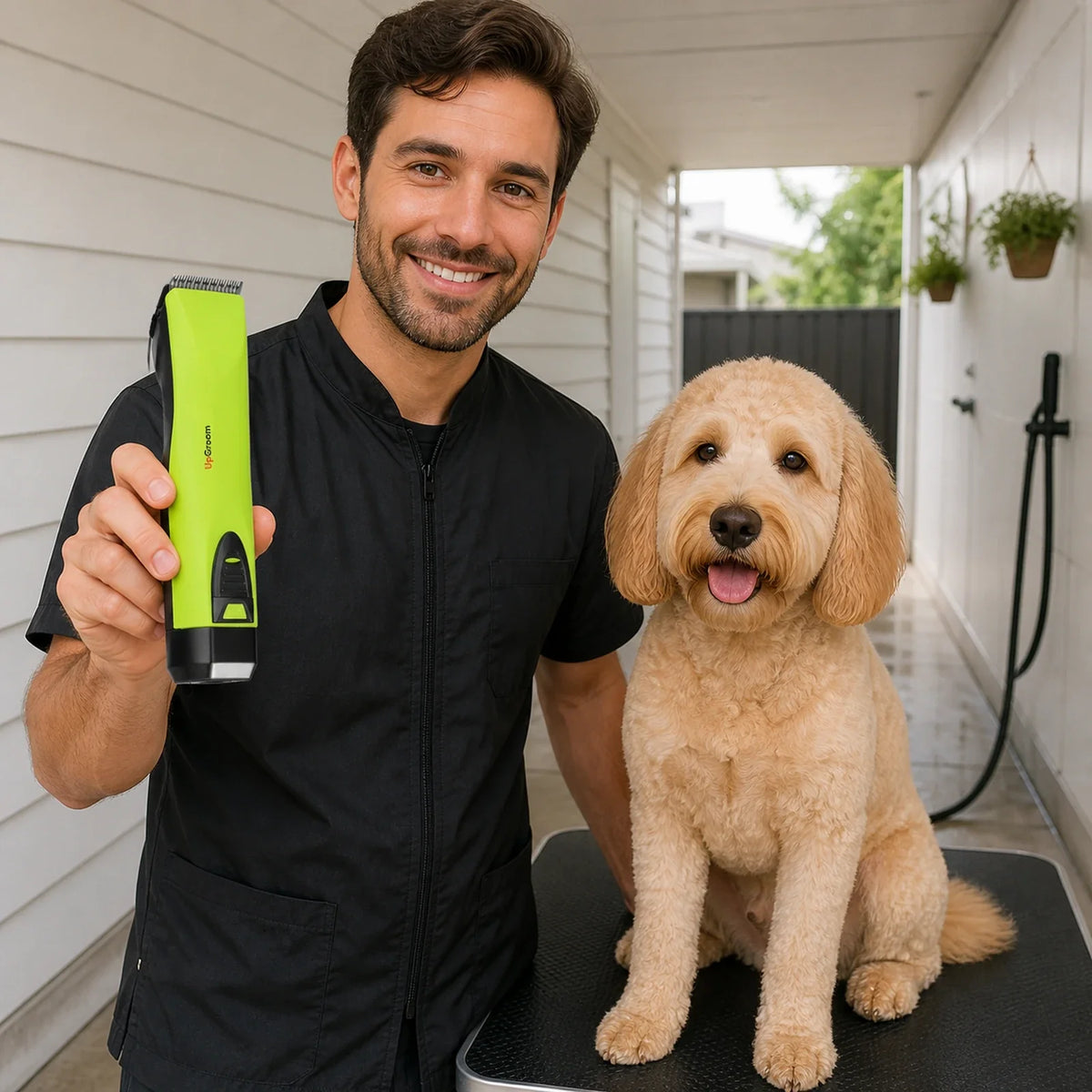Groomer segurando a Máquina de Tosa Ultra A5 UpGroom Verde sem adaptador, ao lado de um cão em atendimento